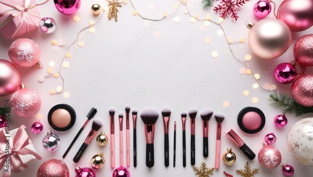 Fototapeta premium Elegant Christmas flatlay with makeup products and pink decorations on white background, bokeh lights, and copy space. Ideal for festive beauty promotions.