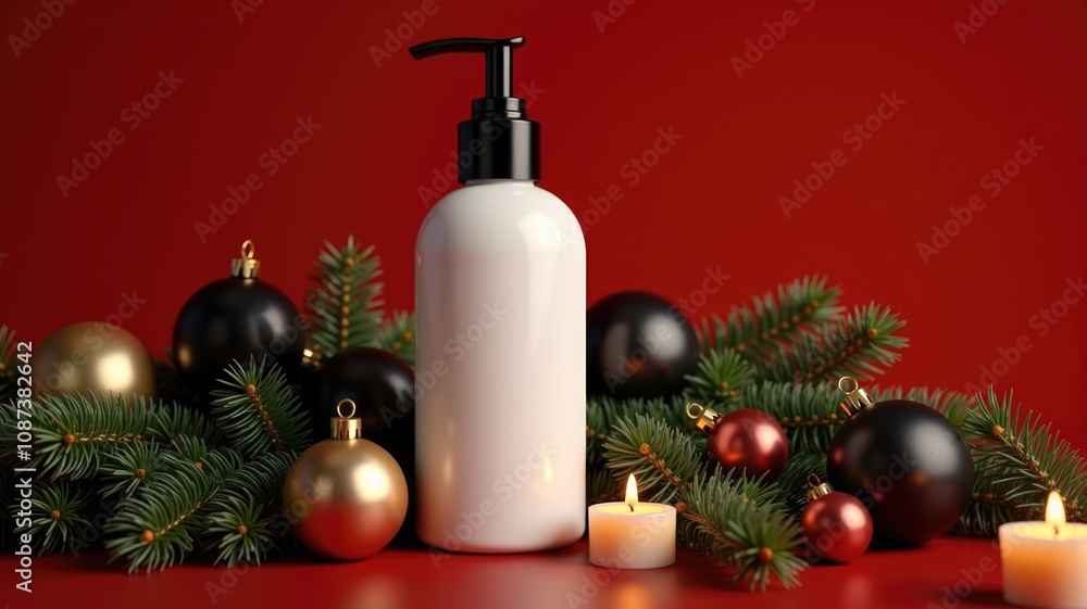 Cosmetics container mockup with candles and gold black Christmas ornaments. Ideal for showcasing beauty, haircare, and skincare products in a holiday setting. Cosmetics container mockup with candles and gold black Christmas ornaments. Ideal for showcasing beauty, haircare, and skincare products in a holiday setting.