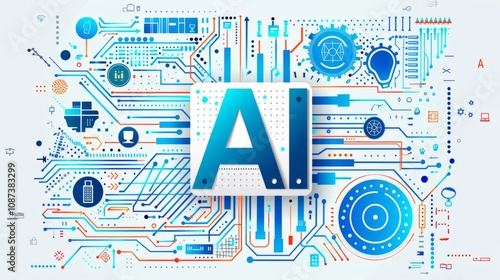 AI Artificial intelligence abstract chip, with bold blue "AI" text, showcases...