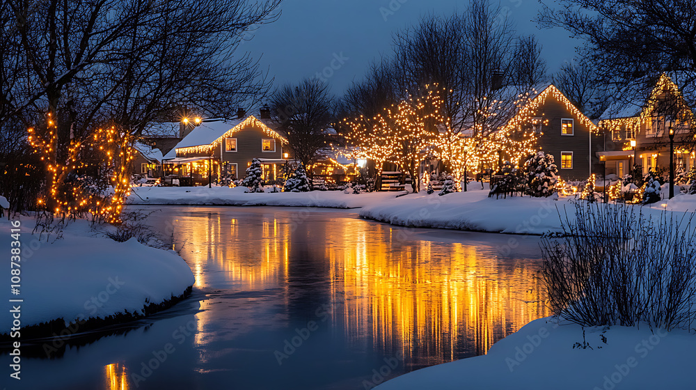 A serene village scene with homes and streets glowing with Christmas lights, reflecting the spirit of the holiday A serene village scene with homes and streets glowing with Christmas lights, reflecting the spirit of the holiday