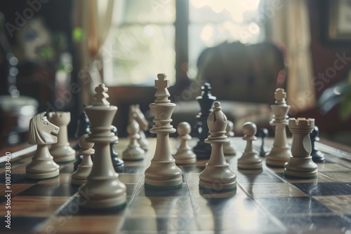 Classic Chess Set on a Wooden Board Captured in a Cozy Indoor Environment with Natural Light and a Beautiful Background of Vintage Furniture