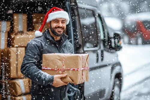 Latino courier in a Santa hat, happily holding a gift box, with a delivery truck brimming with presents and snowflakes falling. Perfect for Christmas delivery service themes.