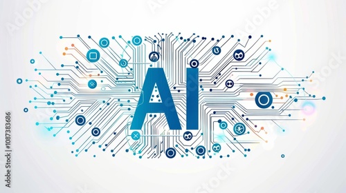 AI Artificial intelligence abstract chip, with bold blue "AI" text, showcases...