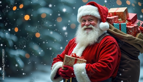 Cheerful Santa with a gift-filled sack, holds a gift box in his hands and standing in a snowy forest background, with falling snow and blank copy space.	