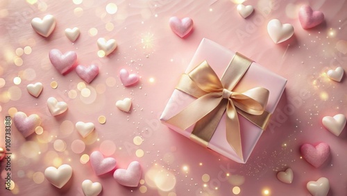 A pink gift box with a golden bow and hearts scattered around, illuminated by warm, sparkling lights.