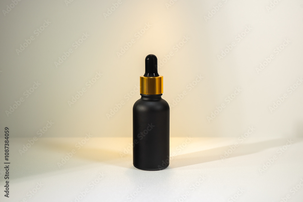 Minimalist amber glass dropper bottle for essential oils, skincare serums, or cosmetic products isolated on white background Minimalist amber glass dropper bottle for essential oils, skincare serums, or cosmetic products isolated on white background