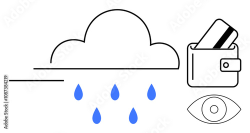 Cloud releasing blue raindrops beside a digital wallet with credit card and an outlined eye symbol. Ideal for cybersecurity, digital payments, cloud services, data privacy, financial security, online