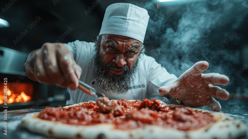 In a vibrant kitchen, a bearded chef intensely spreads tomato sauce on a pizza base, underscoring the artistry and dedication in creating authentic culinary delights. In a vibrant kitchen, a bearded chef intensely spreads tomato sauce on a pizza base, underscoring the artistry and dedication in creating authentic culinary delights.