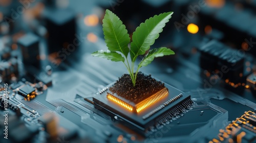 A symbolic concept of technology and nature blend, where a green plant is growing on a digital chip, highlighting the harmony between nature and technology. photo