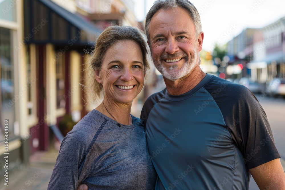 Fototapeta premium Portrait of a happy caucasian couple in their 50s wearing a moisture-wicking running shirt isolated on charming small town main street