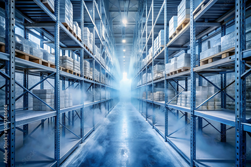 Obraz premium A spacious warehouse aisle lined with shelves filled with boxes, illuminated by bright lights, creating a vibrant and organized environment.