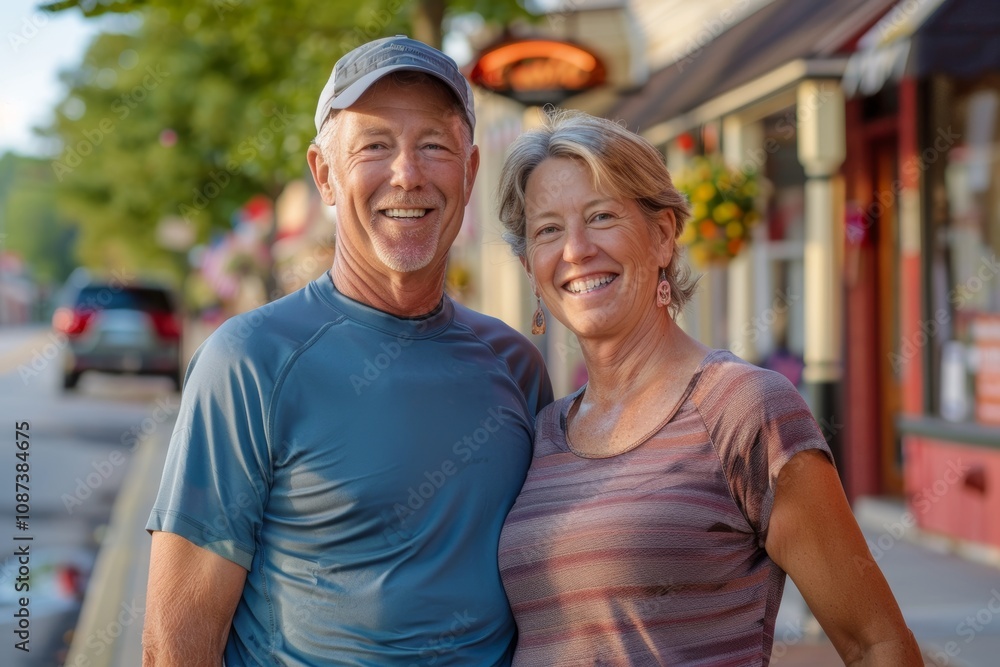 Portrait of a happy caucasian couple in their 50s wearing a moisture-wicking running shirt in charming small town main street Portrait of a happy caucasian couple in their 50s wearing a moisture-wicking running shirt in charming small town main street