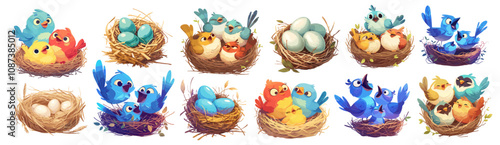 chicks in nest. bird nests with chick set cartoon, eggs offspring hatching nature colorful blue yellow orange young family vector illustration