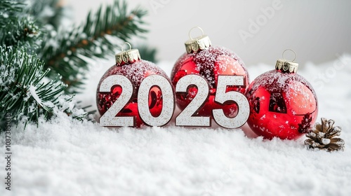 New year number "2025" with Christmas decoration on snow background. New Year concept.