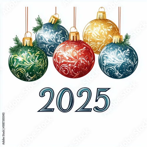 New year number "2025" with Christmas decoration on snow background. New Year concept.