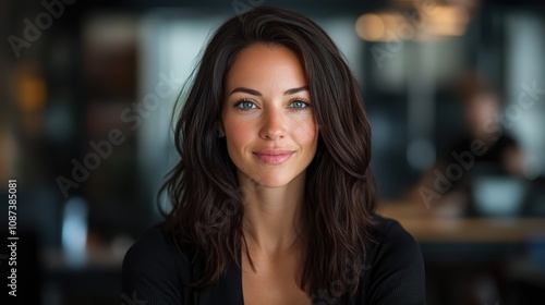 Wallpaper Mural A woman with stylish dark hair and a friendly expression sits in a sleek modern office, radiating professionalism and composure against a sophisticated background. Torontodigital.ca