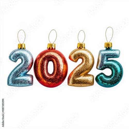 New year number "2025" with Christmas decoration on snow background. New Year concept.