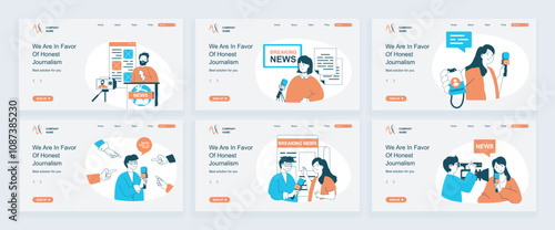 Journalism concept of landing page with slide templates set in flat design. Website headers with people talk break news in tv show, take interview or comments with journalist id. Vector illustrations.