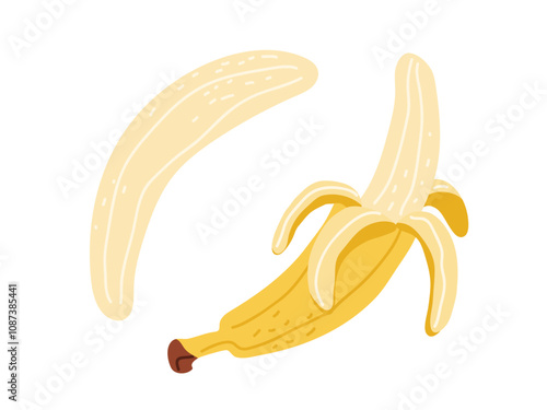 A peeled banana sits beside an unpeeled banana on a white background in a simple arrangement