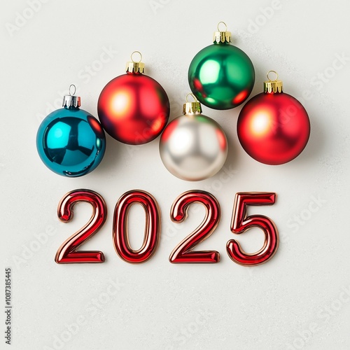 New year number "2025" with Christmas decoration on snow background. New Year concept.