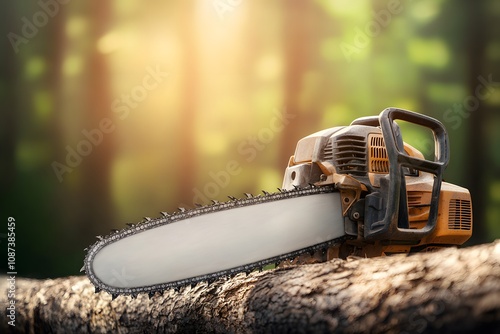 Heavy Duty Chainsaw for Slicing Through Thick Logs in a Natural Forest Setting with Soft Focus Background and Warm Light