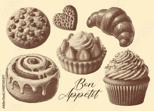 pastry desserts set, vintage photocopy stipple effect style, halftone design, cinnamon roll, cookie, croissant, cupcake, tart