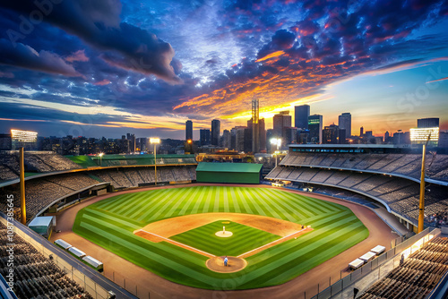 A vibrant sunset over a baseball stadium, showcasing lush green grass, empty stands, and a city skyline in the background.