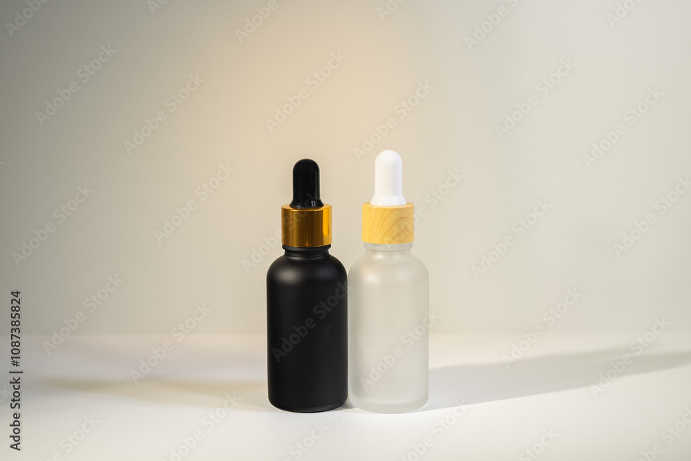 Minimalist amber glass dropper bottle for essential oils, skincare serums, or cosmetic products isolated on white background Minimalist amber glass dropper bottle for essential oils, skincare serums, or cosmetic products isolated on white background