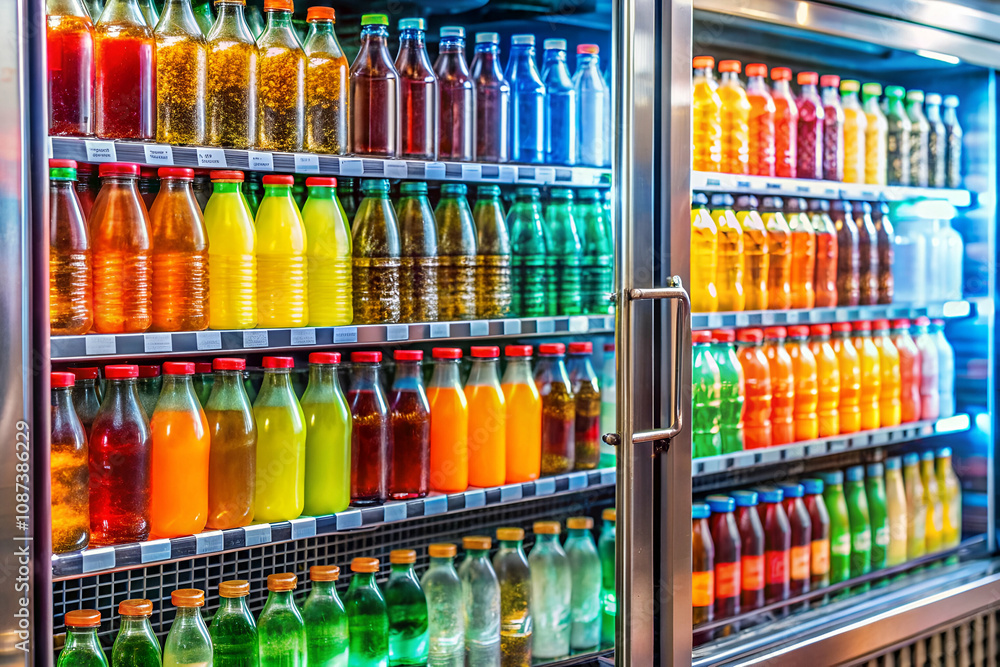 A vibrant display of assorted bottled beverages in a refrigerated unit, showcasing a variety of colors and types. A vibrant display of assorted bottled beverages in a refrigerated unit, showcasing a variety of colors and types.