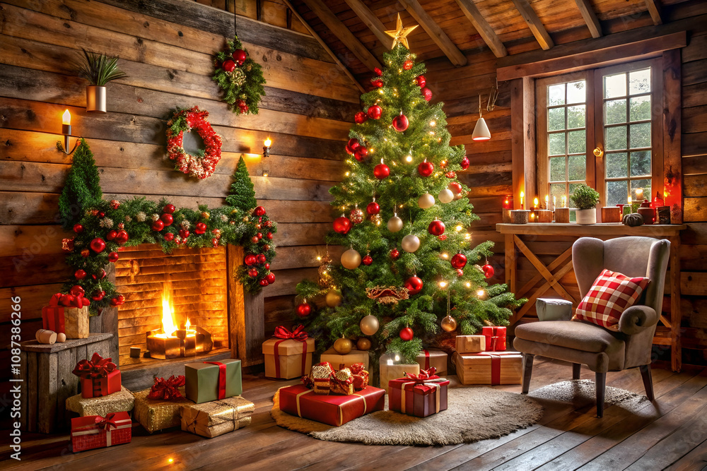 A cozy, festive room decorated for Christmas with a beautifully adorned tree, gifts, and a crackling fireplace. A cozy, festive room decorated for Christmas with a beautifully adorned tree, gifts, and a crackling fireplace.