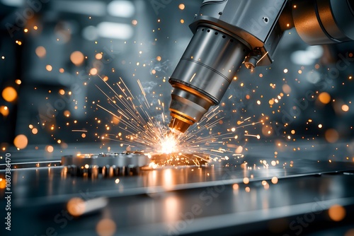 Detailed Macro Shot of a Robotic Arm Welding Metal Parts with Sparks Emanating in a Modern Industrial Environment
