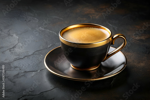 Wallpaper Mural A glossy black coffee cup with a golden rim rests on a dark, textured surface, showcasing an inviting beverage. Torontodigital.ca