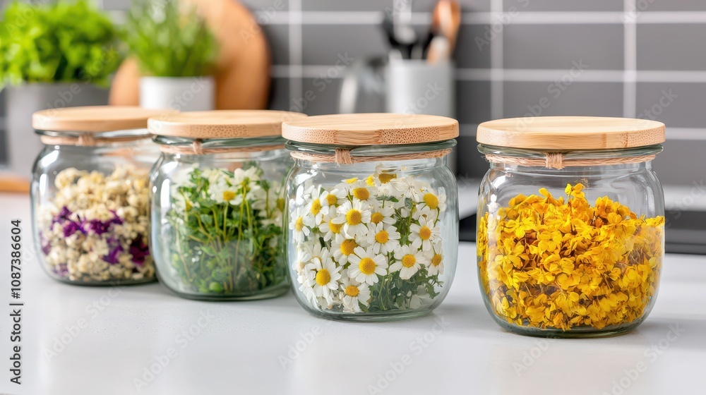 Glass jars with bamboo lids hold vibrant dried flowers, elegantly displayed on a white shelf Glass jars with bamboo lids hold vibrant dried flowers, elegantly displayed on a white shelf