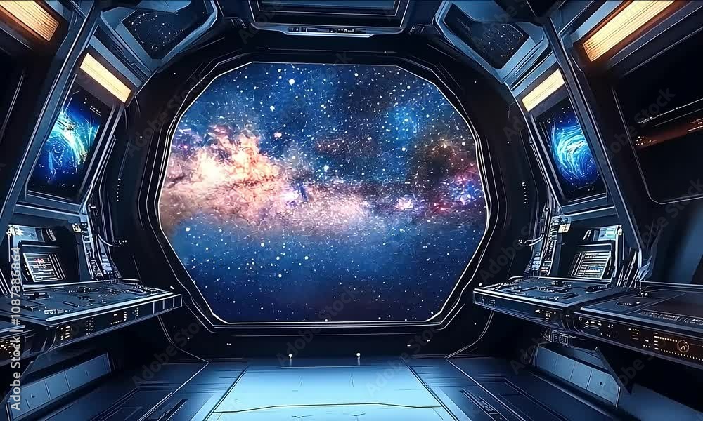 Futuristic Space Station Interior Featuring Advanced Technology and Panoramic Views of Endless Stars in the Milky Way Futuristic Space Station Interior Featuring Advanced Technology and Panoramic Views of Endless Stars in the Milky Way