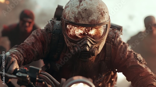 A gritty motorcyclist with glaring eyes traverses a dusty scene, emphasizing themes of endurance, focus, and relentless pursuit in a challenging environment. photo