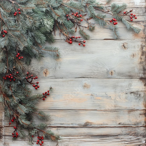 Holiday Evergreen Branches and Berries Over Rustic Wood Background By IrisImages Dimensions photo