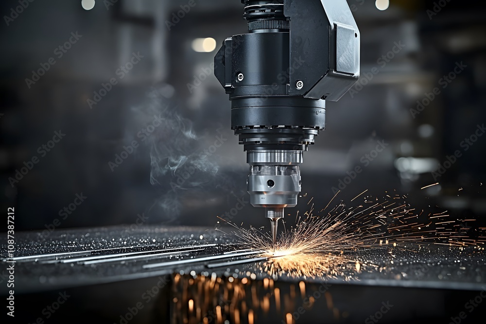 Precision Metal Cutting Machine in Action, Showcasing High Tech Operations and Sparks from the Cutting Process, Ideal for Industrial and Engineering Themes Precision Metal Cutting Machine in Action, Showcasing High Tech Operations and Sparks from the Cutting Process, Ideal for Industrial and Engineering Themes