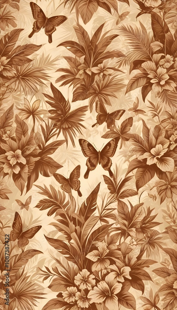 Tropical exotic pattern with animal and flowers in bright colors and lush vegetation Tropical exotic pattern with animal and flowers in bright colors and lush vegetation
