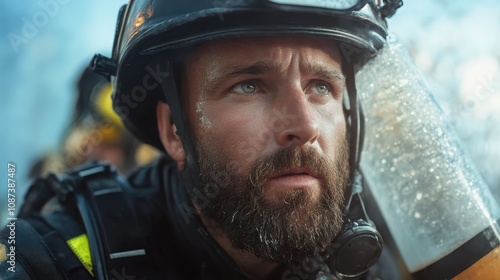 A focused and determined firefighter navigates through intense heat and bright flames, highlighting the spirit and courage needed to battle against dangerous odds. photo