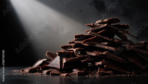 Chocolate shavings. A dramatically lit pile of decadent dark chocolate shards, perfect for projects related to indulgence, baking, or confectionery