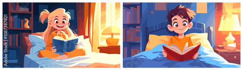 children reading books background. girl and boy with book in bed before sleep, kids bedroom interior bookcase night lamp kind vector illustration