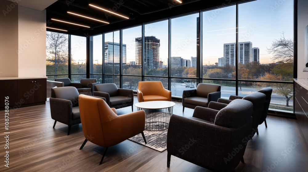 Modern office lounge with stylish seating arrangement and large windows overlooking urban skyline during sunset