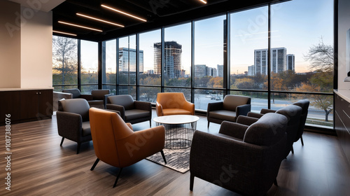 Obraz na płótnie Modern office lounge with stylish seating arrangement and large windows overlooking urban skyline during sunset w salonie