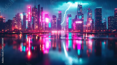 Dark city skyline with neon lights, lightning flash reflecting in rain-soaked streets, 3D illustration