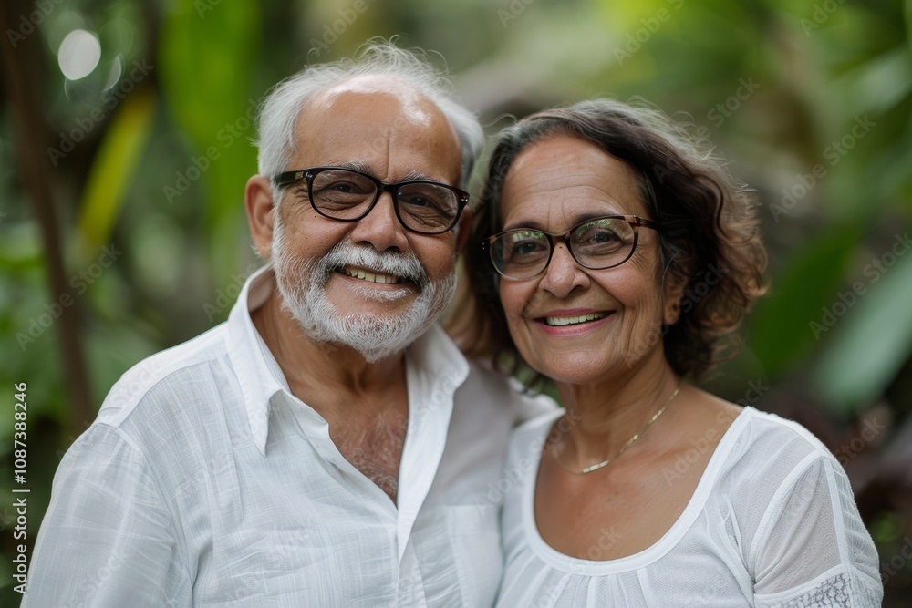 Portrait of a smiling indian couple in their 60s wearing a classic white shirt in lush tropical rainforest Portrait of a smiling indian couple in their 60s wearing a classic white shirt in lush tropical rainforest
