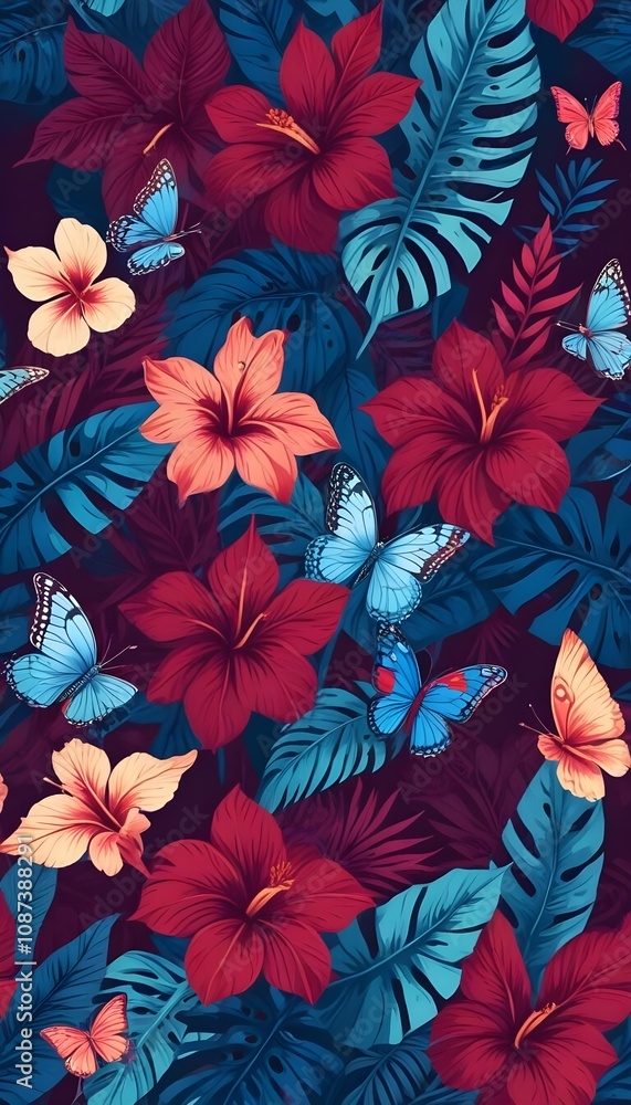 Tropical exotic pattern with animal and flowers in bright colors and lush vegetation Tropical exotic pattern with animal and flowers in bright colors and lush vegetation