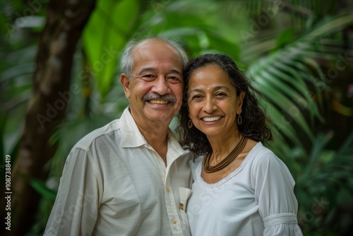 Portrait of a smiling indian couple in their 60s wearing a classic white shirt isolated in lush tropical rainforest