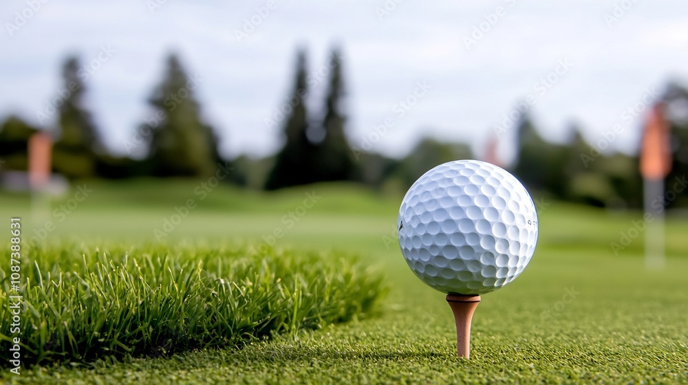 Close up of a Golf Ball on a Tee Positioned on Right with Lush Green Grass Close up of a Golf Ball on a Tee Positioned on Right with Lush Green Grass