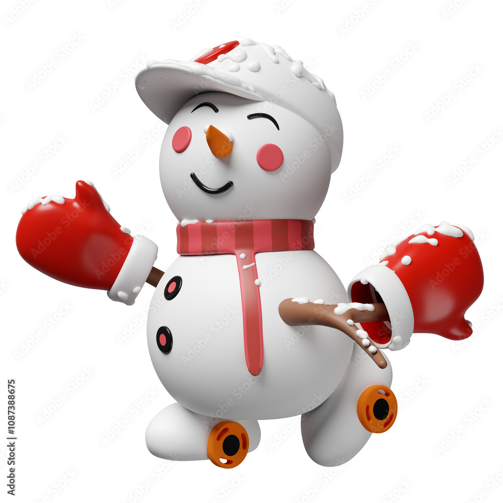3d snowman in hat and warm mittens roller skating isolated. merry christmas, festive new year concept, 3d render illustration 3d snowman in hat and warm mittens roller skating isolated. merry christmas, festive new year concept, 3d render illustration