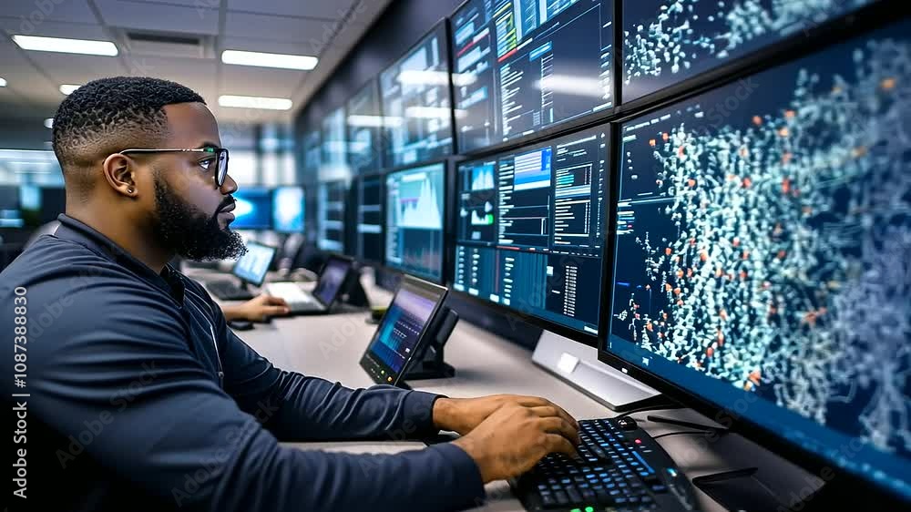 A Black cybersecurity professional monitors threat intelligence on a large wall of digital displays in a high-tech office, representing both technical expertise and the vital need